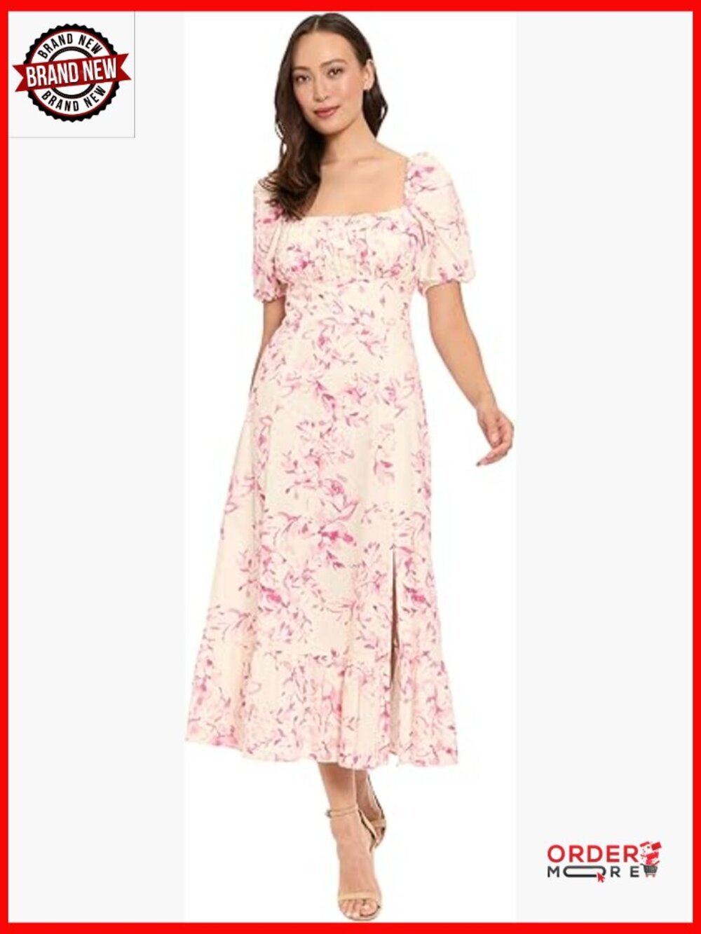 Romantic Floral Square Neck Puff Sleeve Midi Dress for Wedding Guest